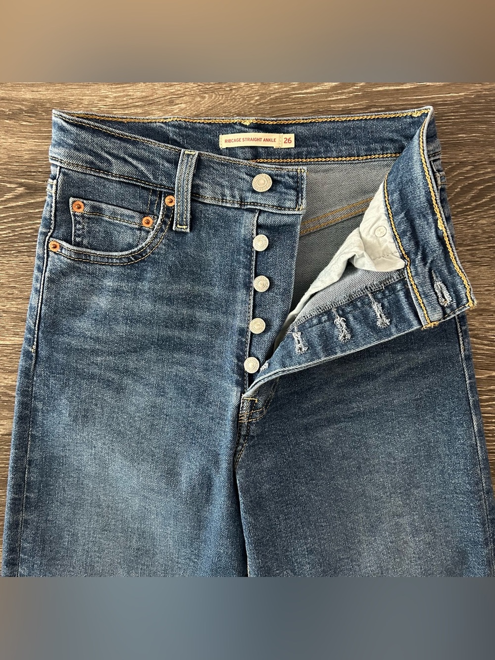Levis Jeans 26 Ribcage Straight Ankle High Rise Button Fly Blue Denim Stretch - Picture 4 of 13
